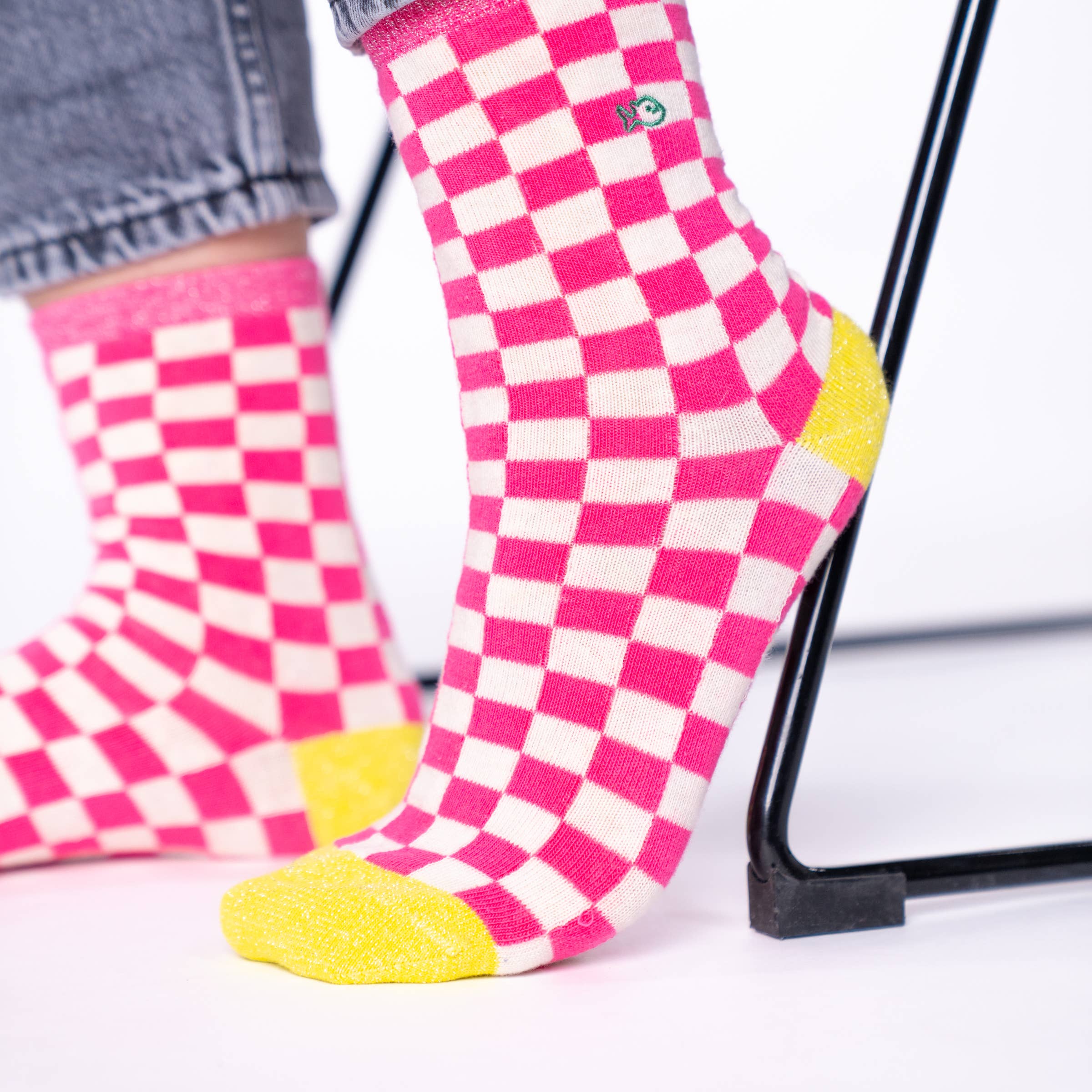 Socken, kariert - Rosa / Weiß/ gelb