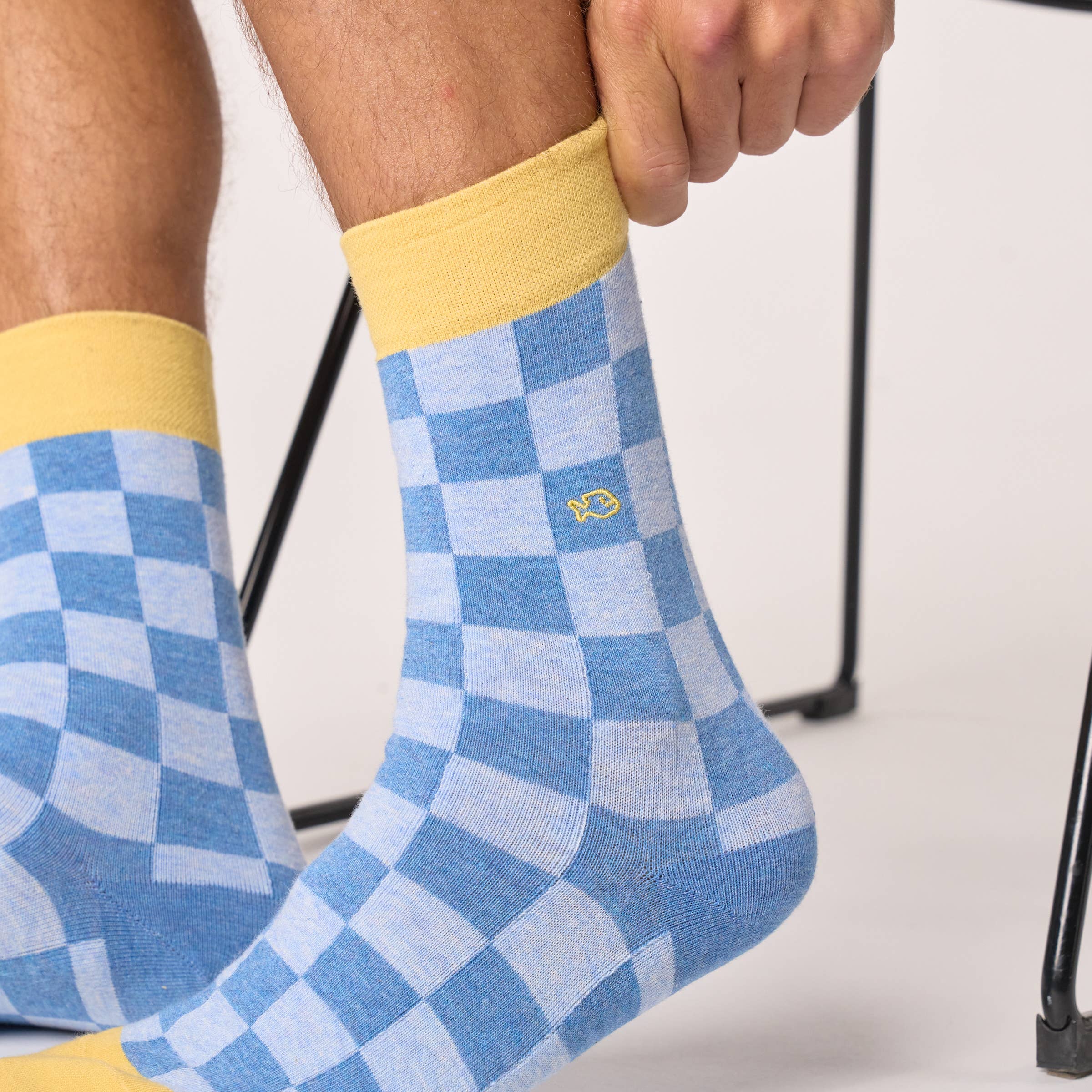 Socken, karomuster, blau-gelb