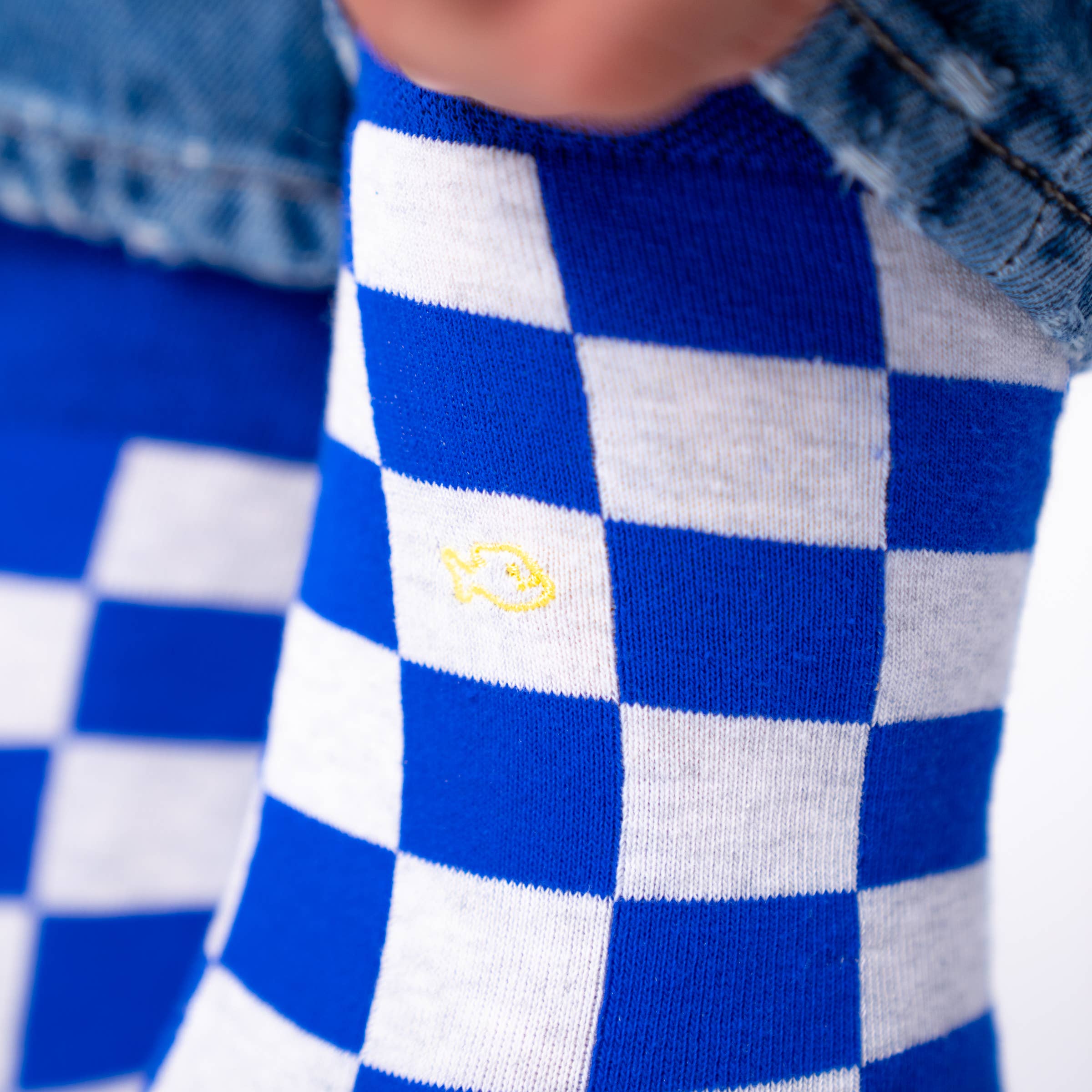 Socken, kariert -  königsblau/weiss / Gelb