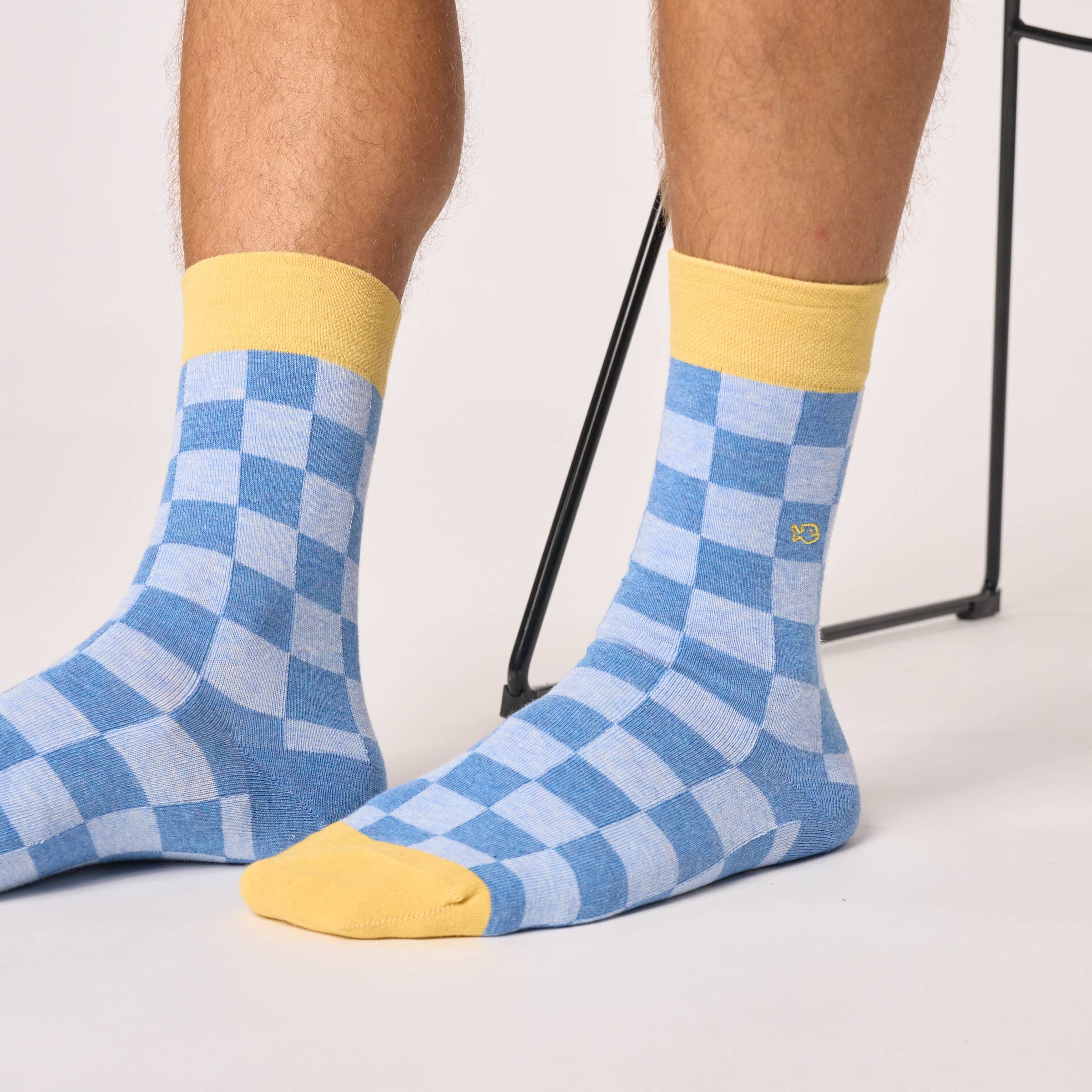 Socken, karomuster, blau-gelb