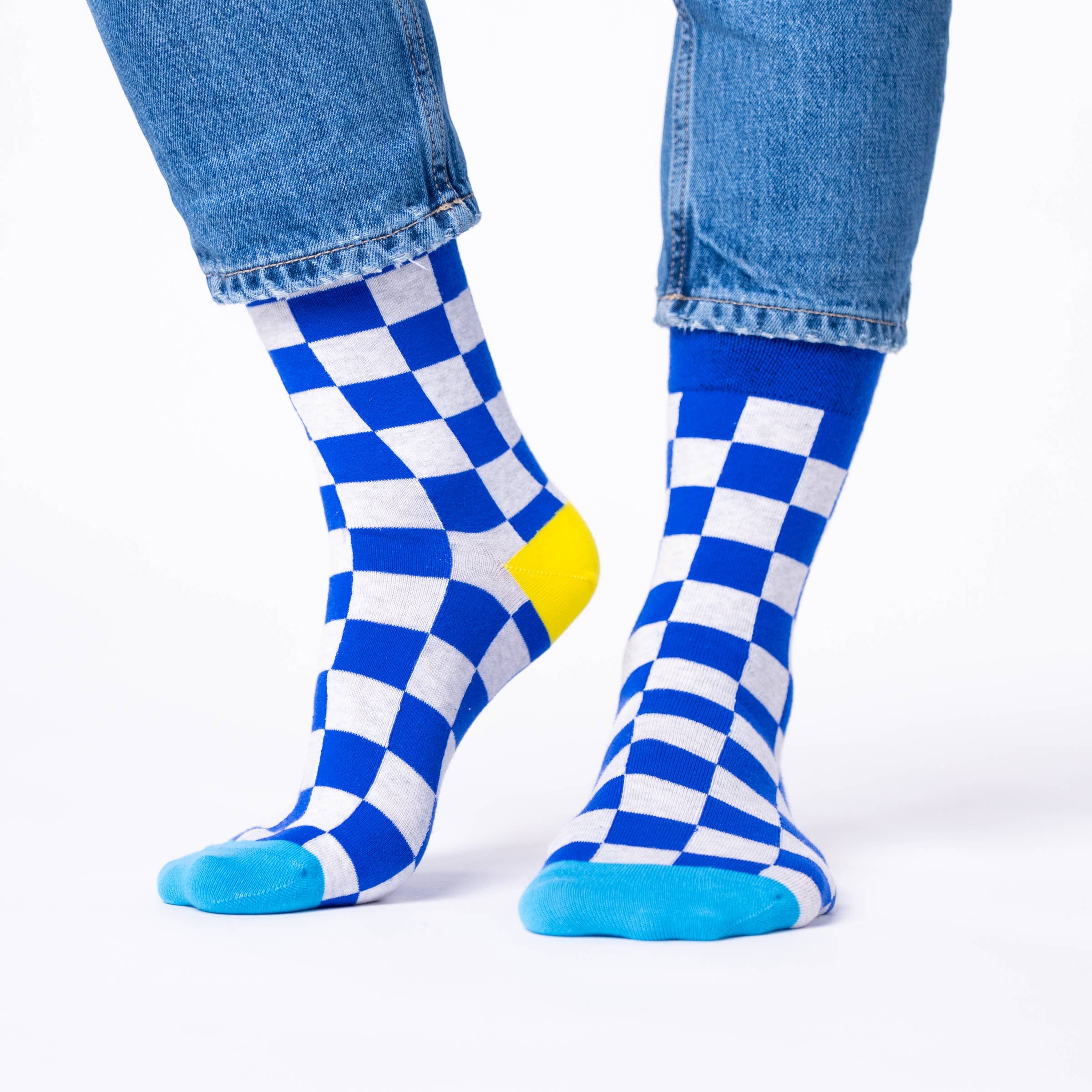 Socken, kariert -  königsblau/weiss / Gelb