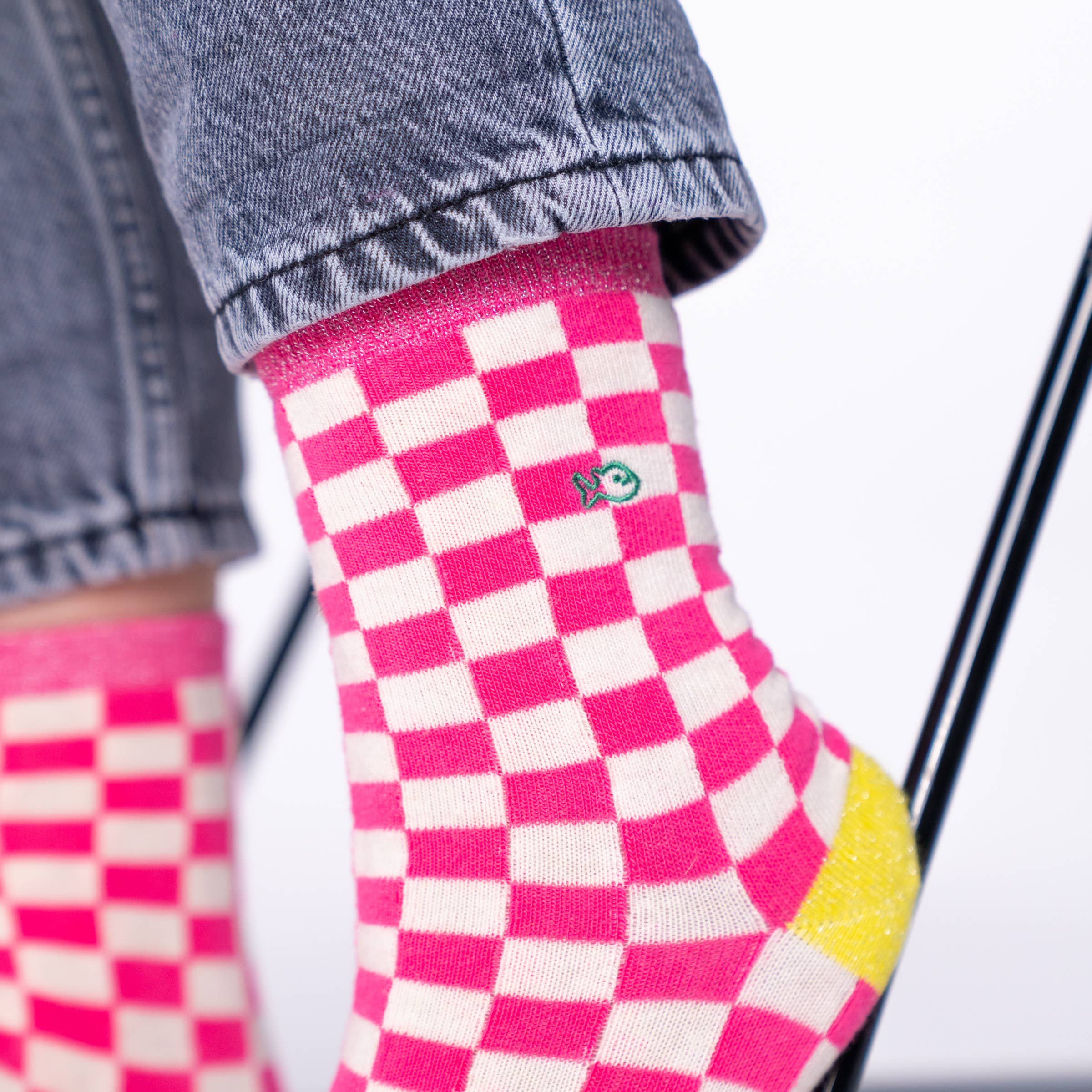 Socken,  kariert - Rosa / Weiß/ gelb