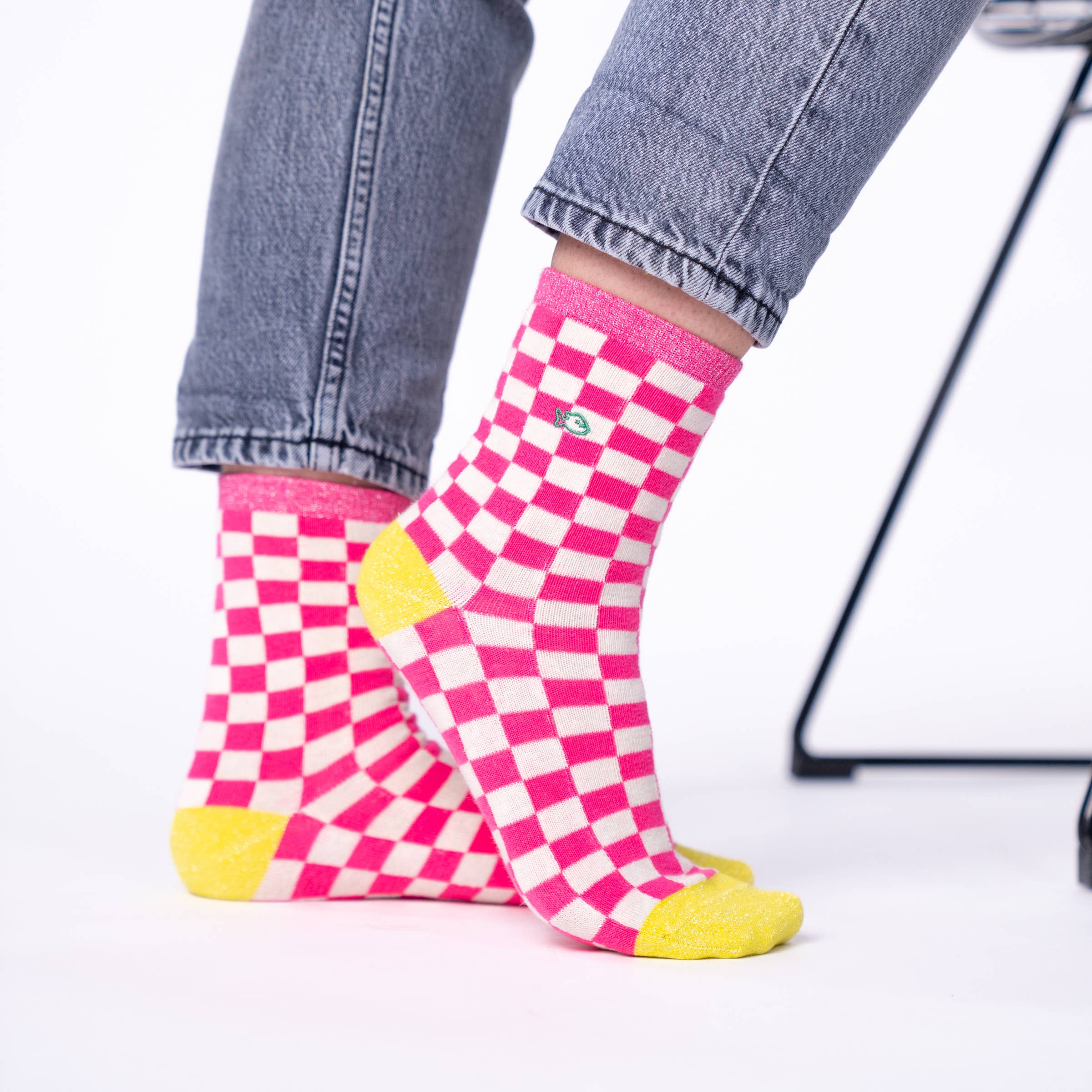 Socken,  kariert - Rosa / Weiß/ gelb