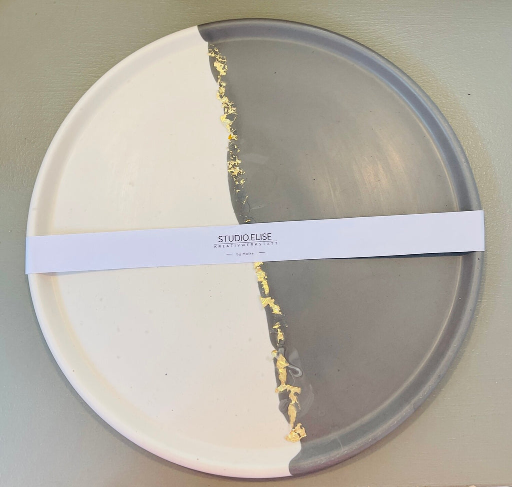 Tablett weiss/grau mit Goldstreifen, 27 cm handmade